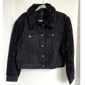 7 For All Mankind Denim Jacket Womens Black Crop Faux Shearling Fur Collar Arms